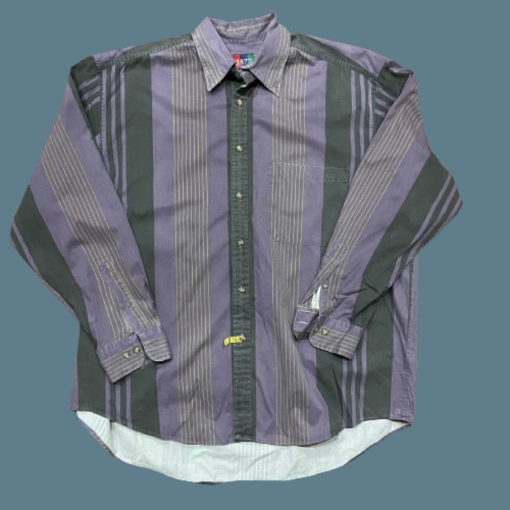 1877 BachRach Vintage 90s Black Purple Striped Button Front Shirt Men's Size XL